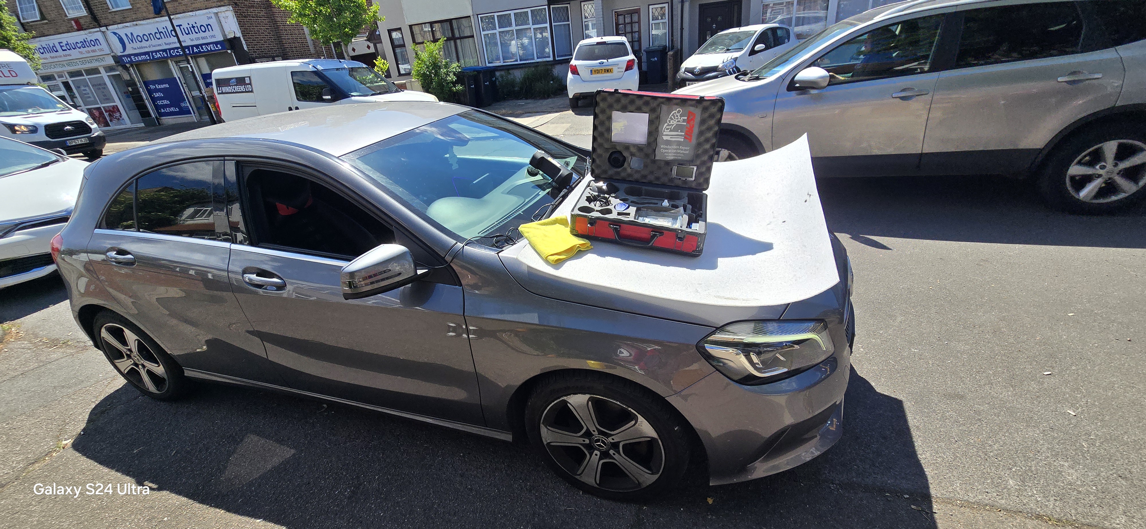 JJ Windscreens stone chip repair kit on Mercedes A-Class windscreen — Edmonton