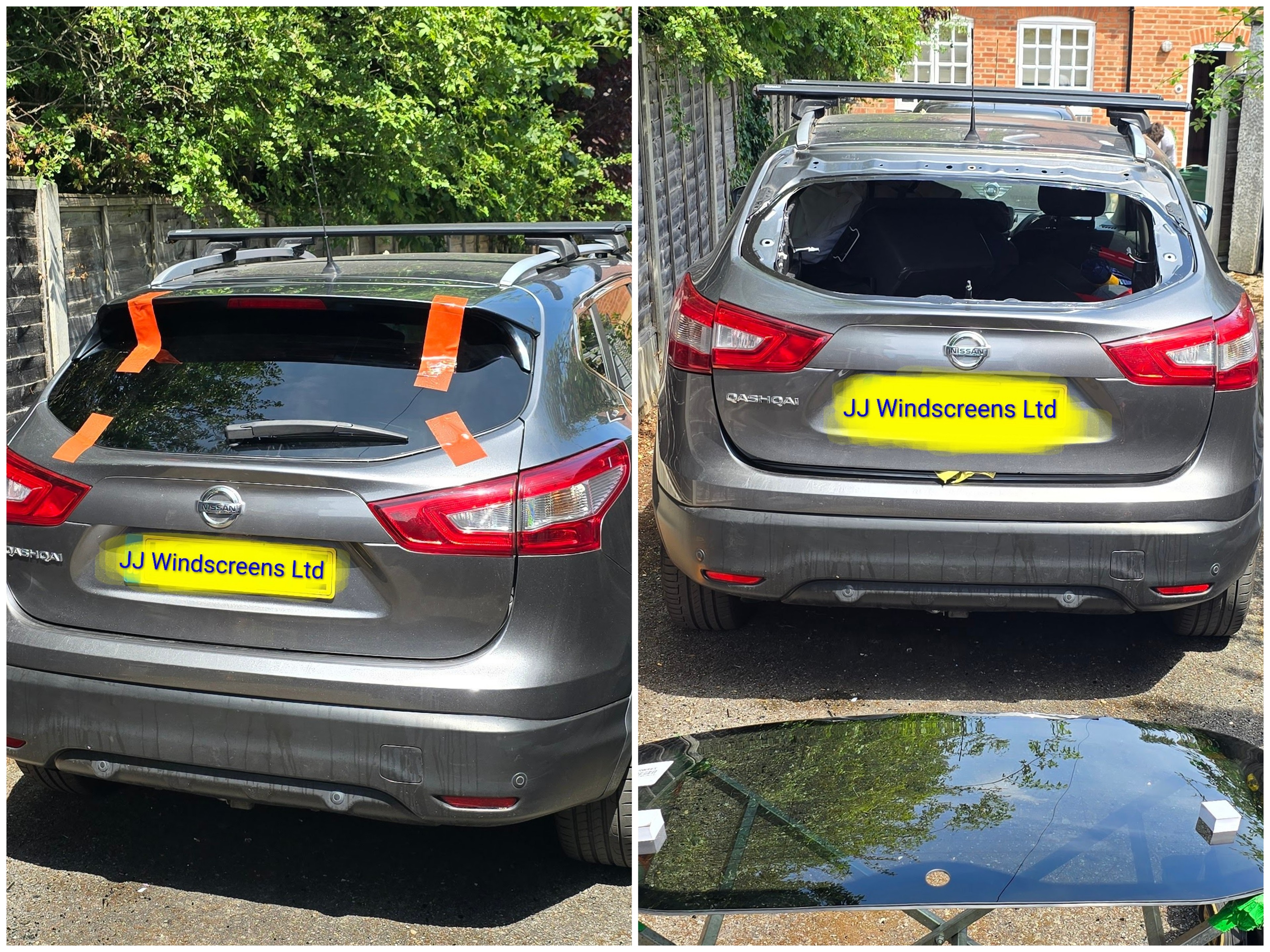 Nissan Qashqai rear windscreen replacement in Chingford by JJ Windscreens — shattered rear glass removed and new glass fitted on site
