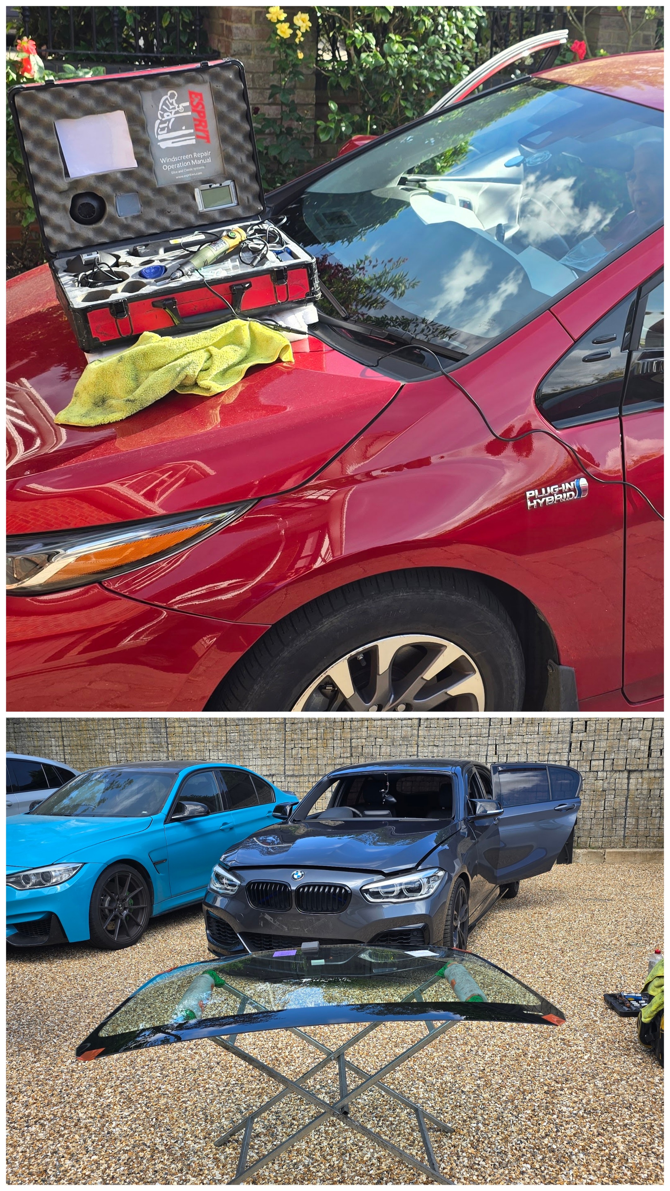 JJ Windscreen Replacement Bishop's Stortford CM22 — stone chip repair kit on Toyota Prius hybrid and BMW windscreen replacement in progress
