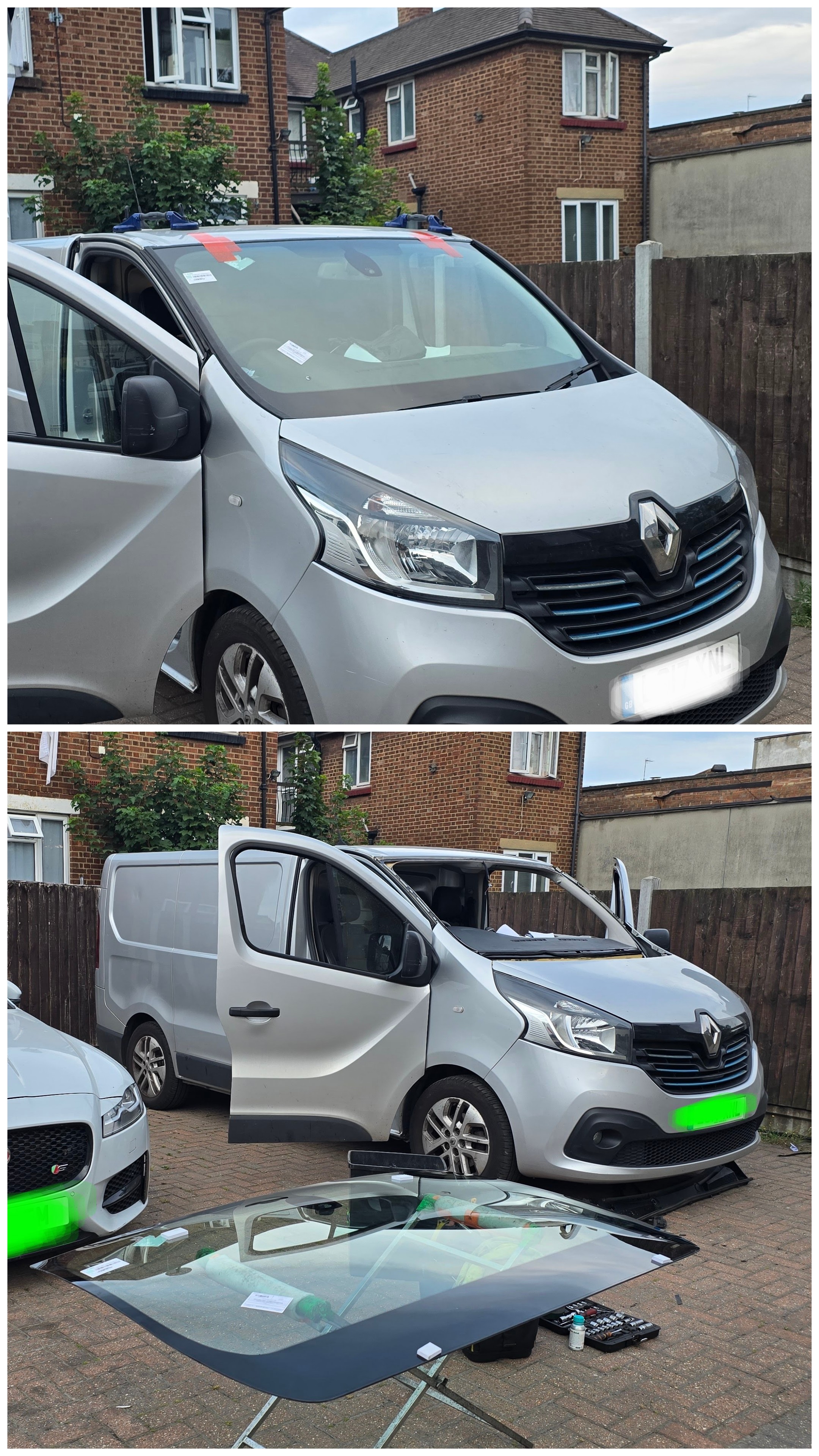 Van windscreen replacement in Chingford by JJ Windscreens — Renault Traffic van with new windscreen glass prepared on stand, mobile service North East London